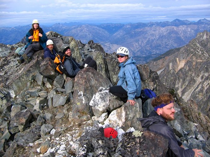 Everyone was relieved to get off the steep terrain and relax on top.
Here's the group on the Saska summit, #77 of the Top 100 for me.